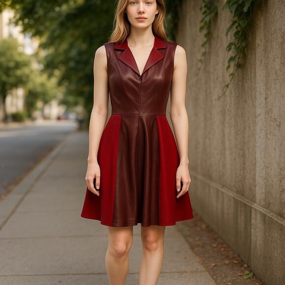 Beckley By Mellissa Mila Oxblood Leather Pleated Mini Dress Sleeveless Luxury - Picture 14 of 14